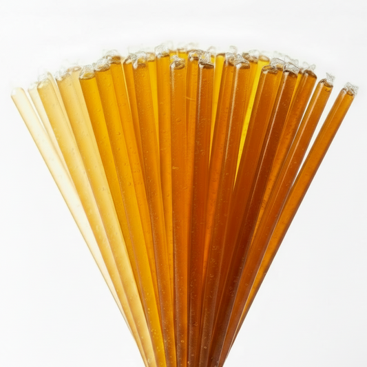 Bunch of honey filled straws tied together on a white background.