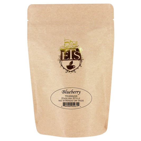 Kraft paper packaging of Blueberry teabags with the ETS logo on a white background