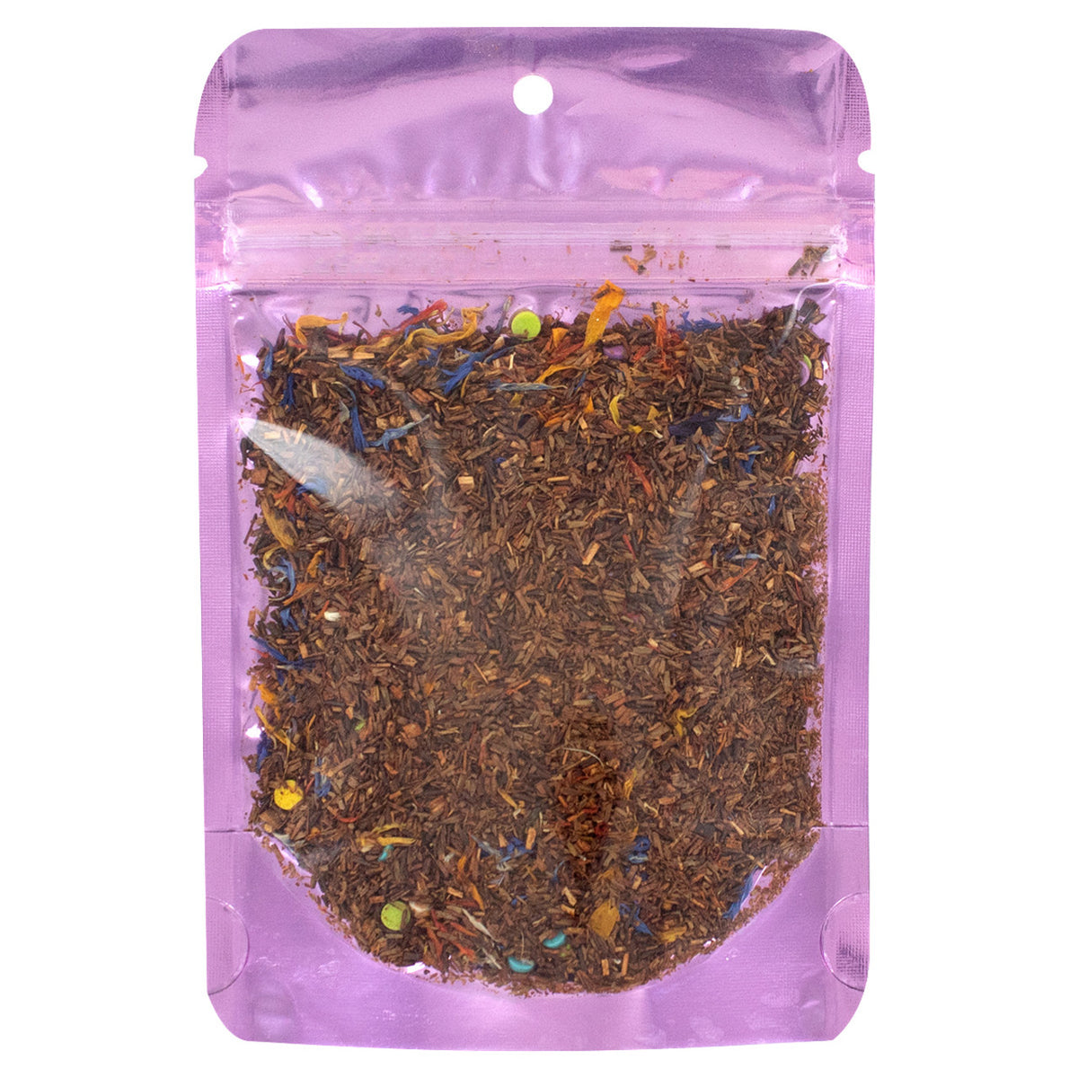 Purple packaging of a dried tea leaves on a white background