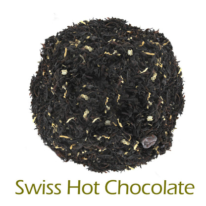 Swiss Hot Chocolate loose-leaf tea on a white background with product title text callout at bottom