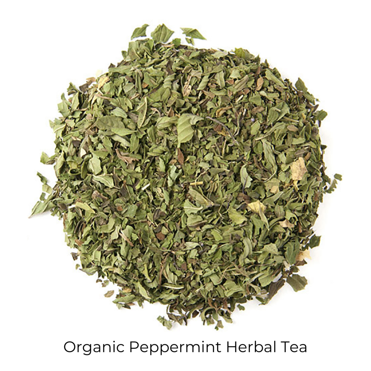 Organic Peppermint Herbal loose-leaf tea on a white background with product name caption
