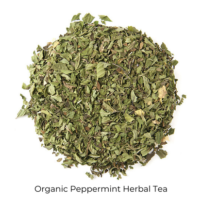 Organic Peppermint Herbal loose-leaf tea on a white background with product name caption