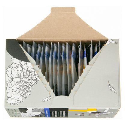 Tea box package with floral design open with tea bags inside,