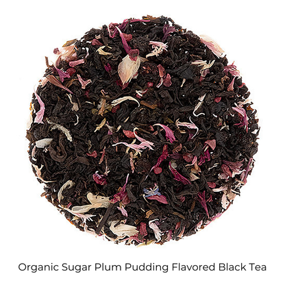 Organic Sugar Plum Pudding Flavored Black loose-leaf tea on a white background with product title text callout at bottom