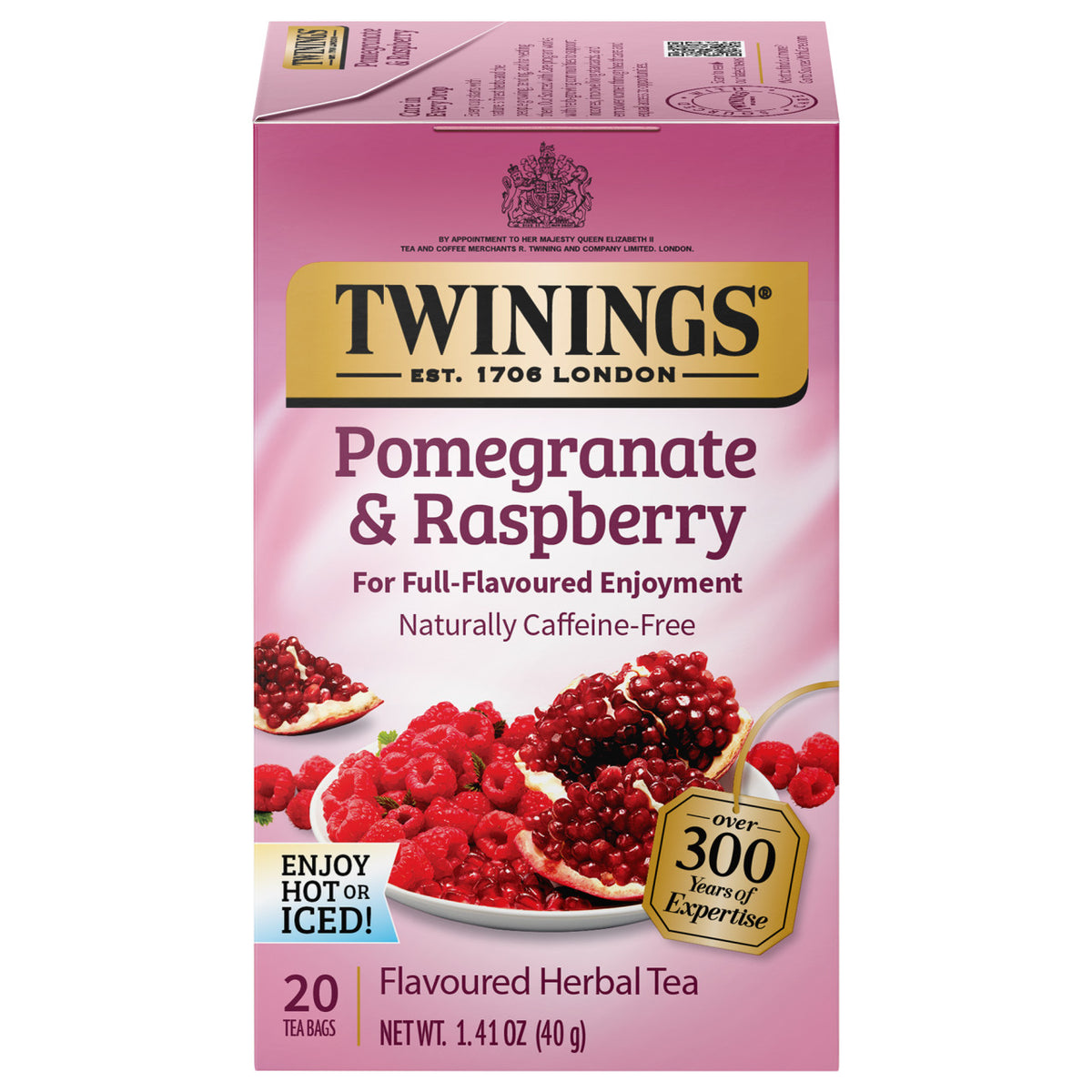 Twining's Pomegranate & Raspberry tea box on a white background