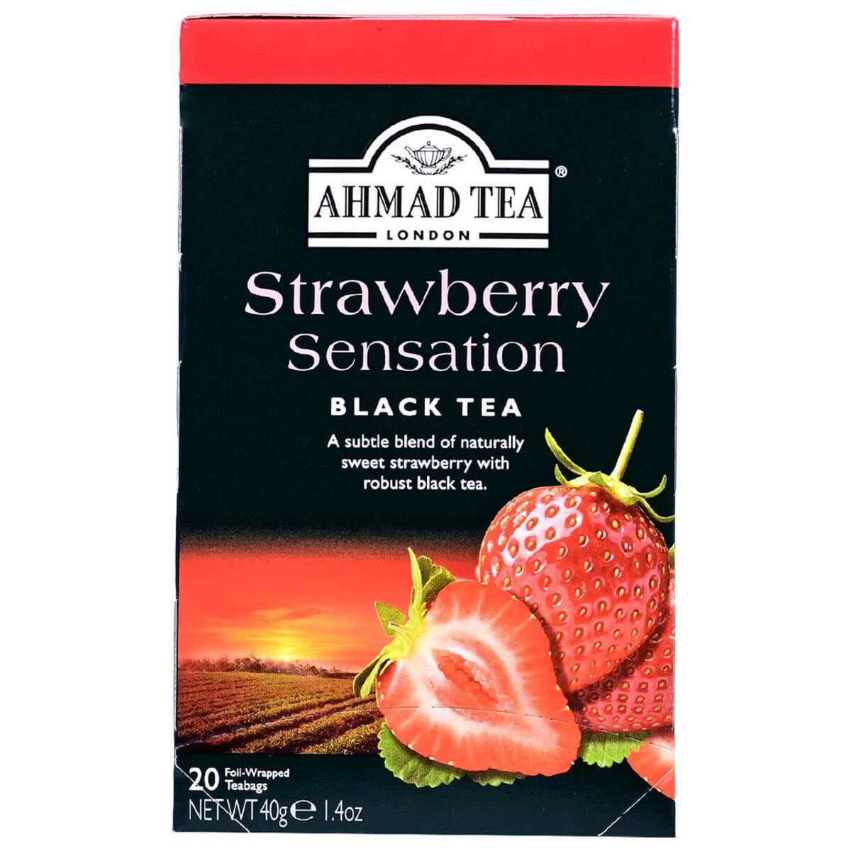 Box of Ahmad Tea Strawberry Sensation Black Tea with black background and strip on the top and images of strawberries.