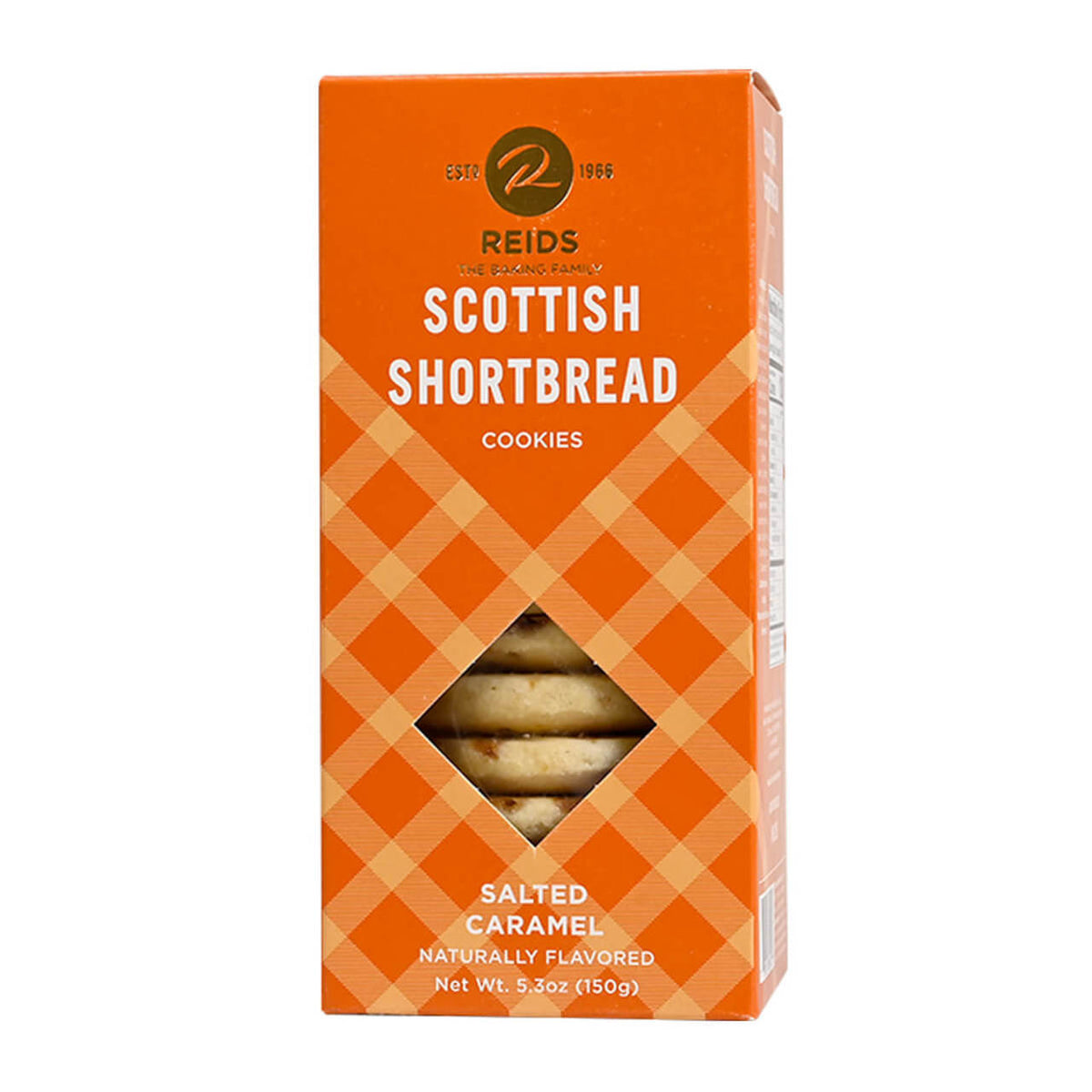 Box of Reids Scottish Shortbread Cookies with an orange checkered pattern on a white background