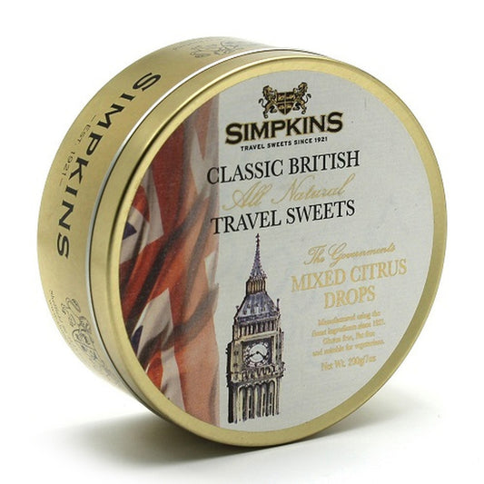 Simpkins Classic British Travel Sweets tin with Union Jack and Big Ben illustration on a white background