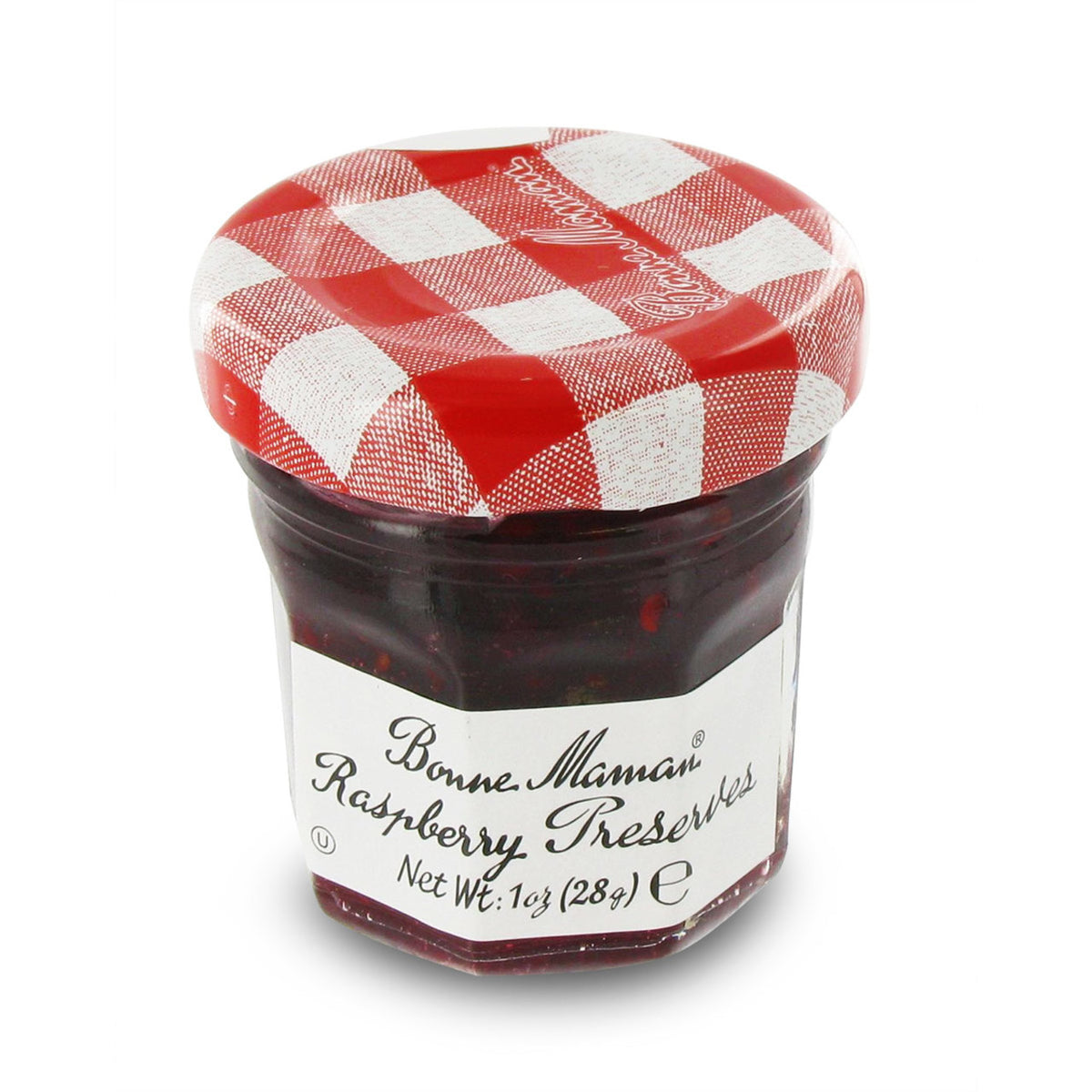 Jar of Bonne Maman Raspberry Preserve with a red and white checkered lid on a white background