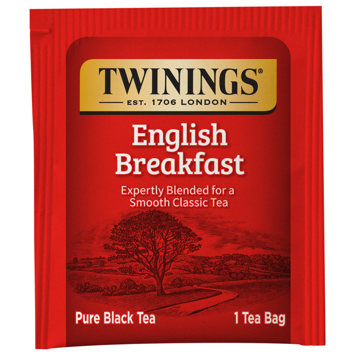 Twinings English Breakfast tea bag red packaging on a white background