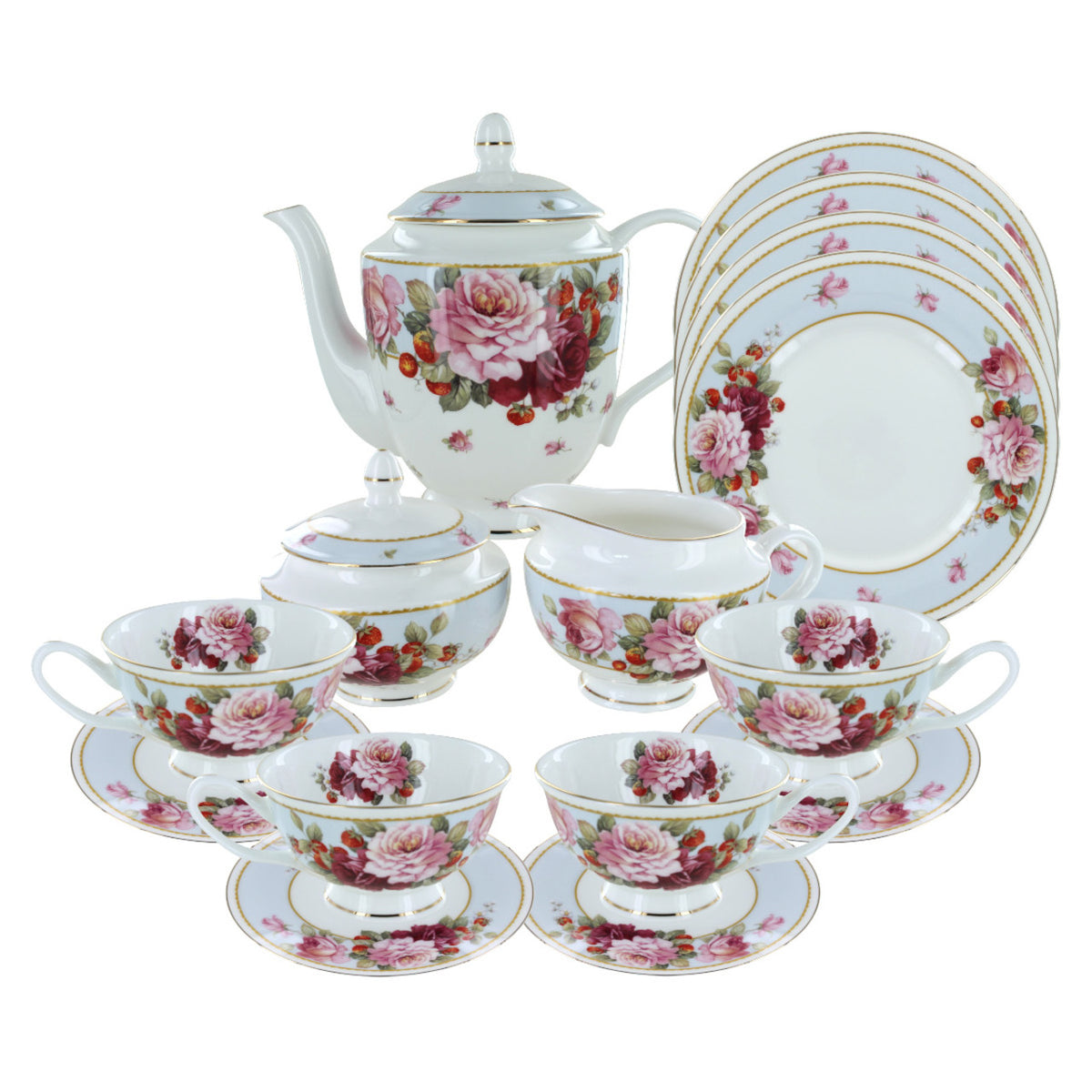 Tea set with floral design on a white background