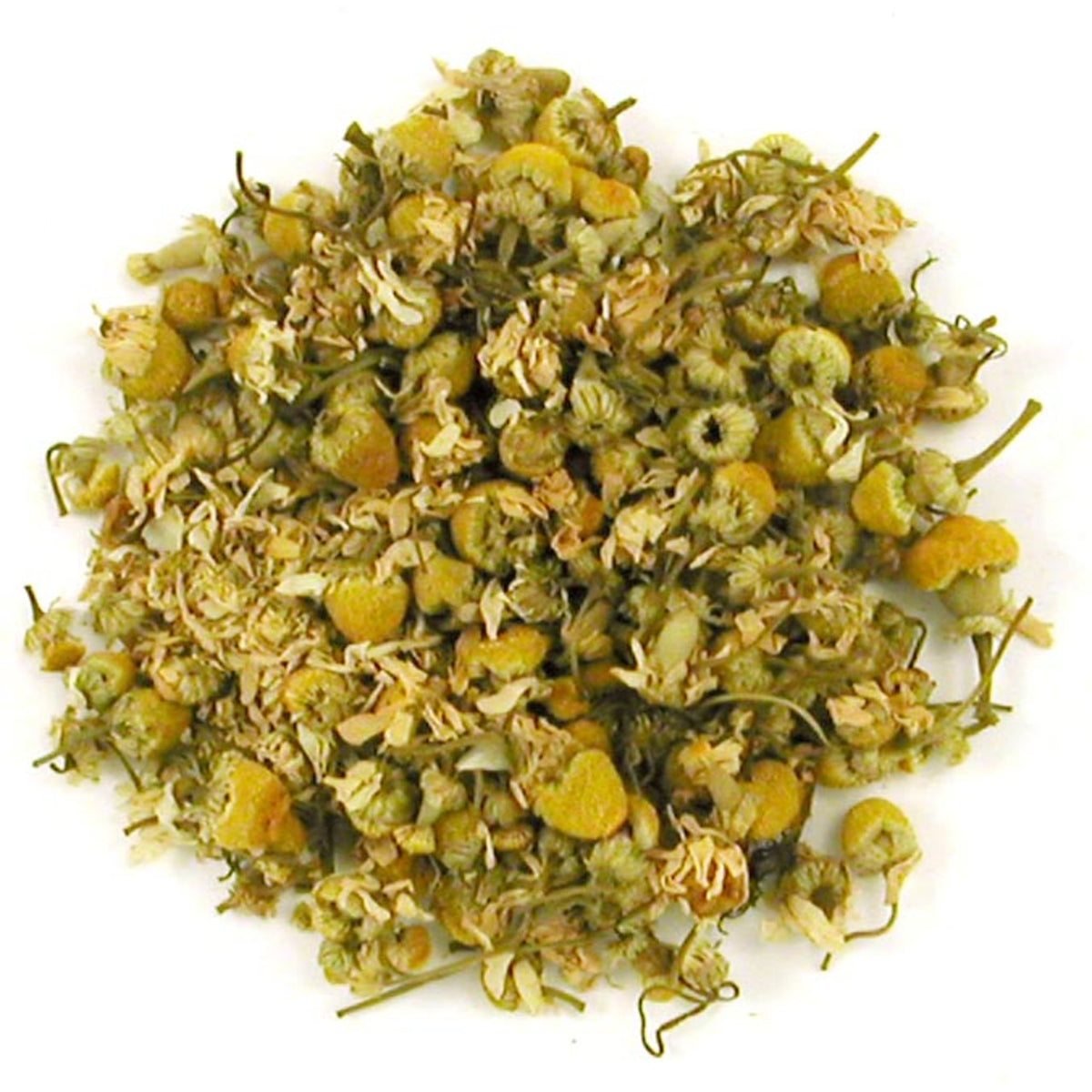 Heap of dried chamomile flowers and tea leaves on a white background