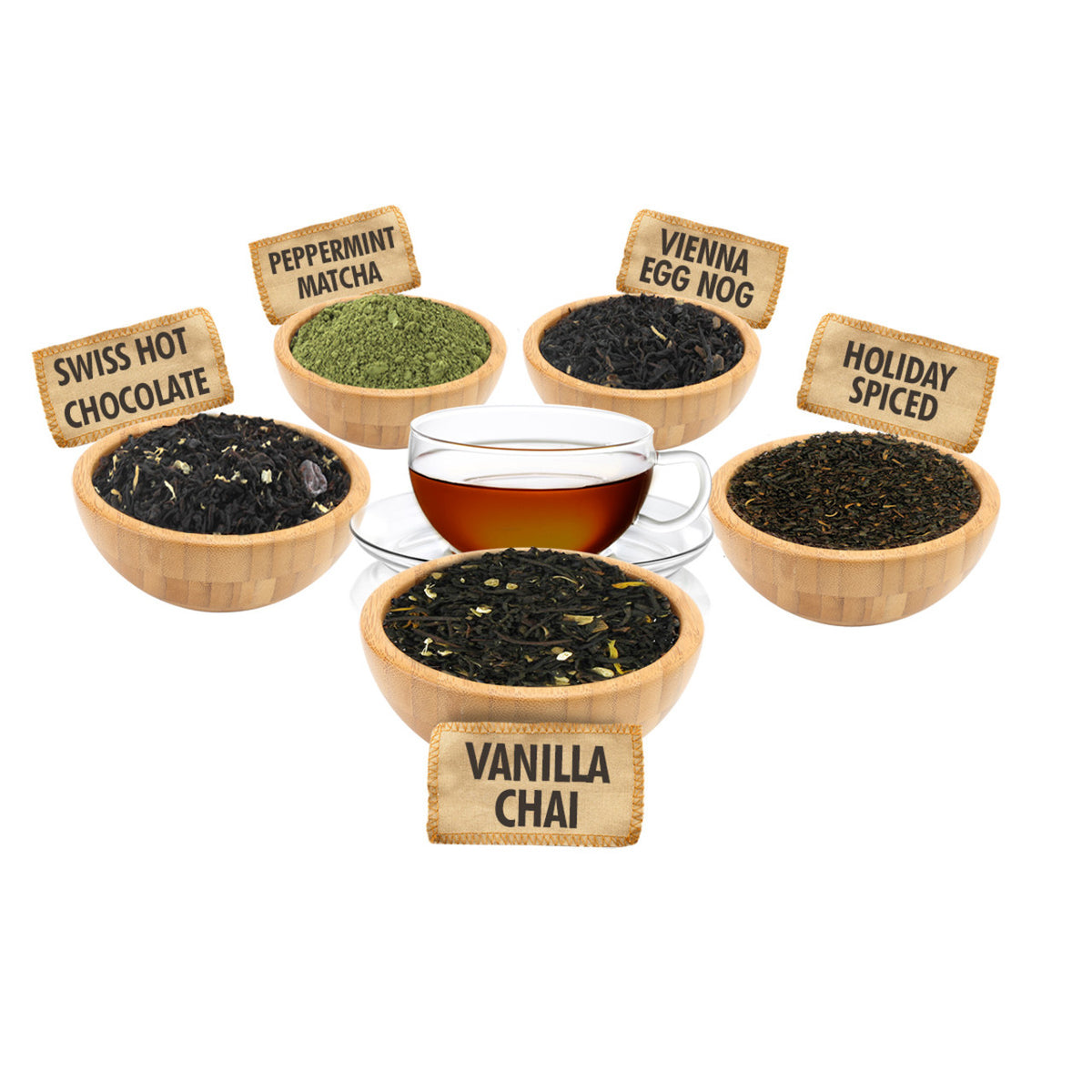 Assorted types of tea in wooden bowls with labels on a white background