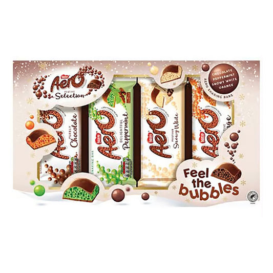 Aero chocolate selection pack with various flavors on a white background
