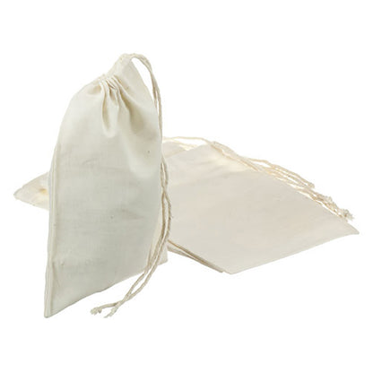 Two natural-colored drawstring reusable tea bags on a white background