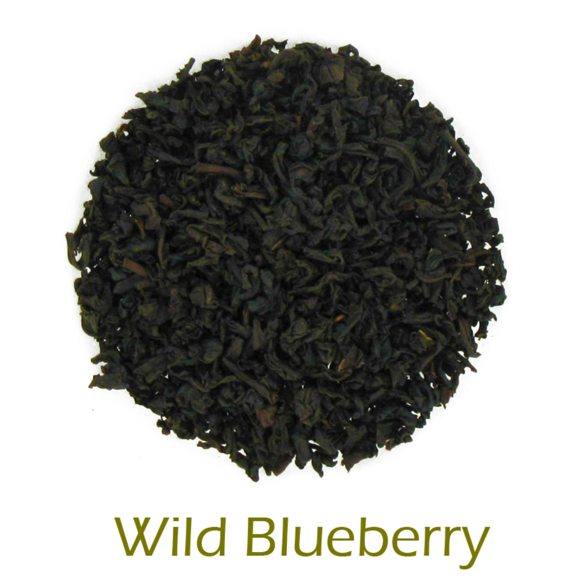 Wild Blueberry loose-leaf tea on a white background with product title text callout at bottom