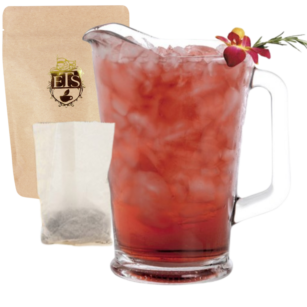 Glass pitcher of light red iced tea with a bag of tea bags and a floral garnish on a white background.