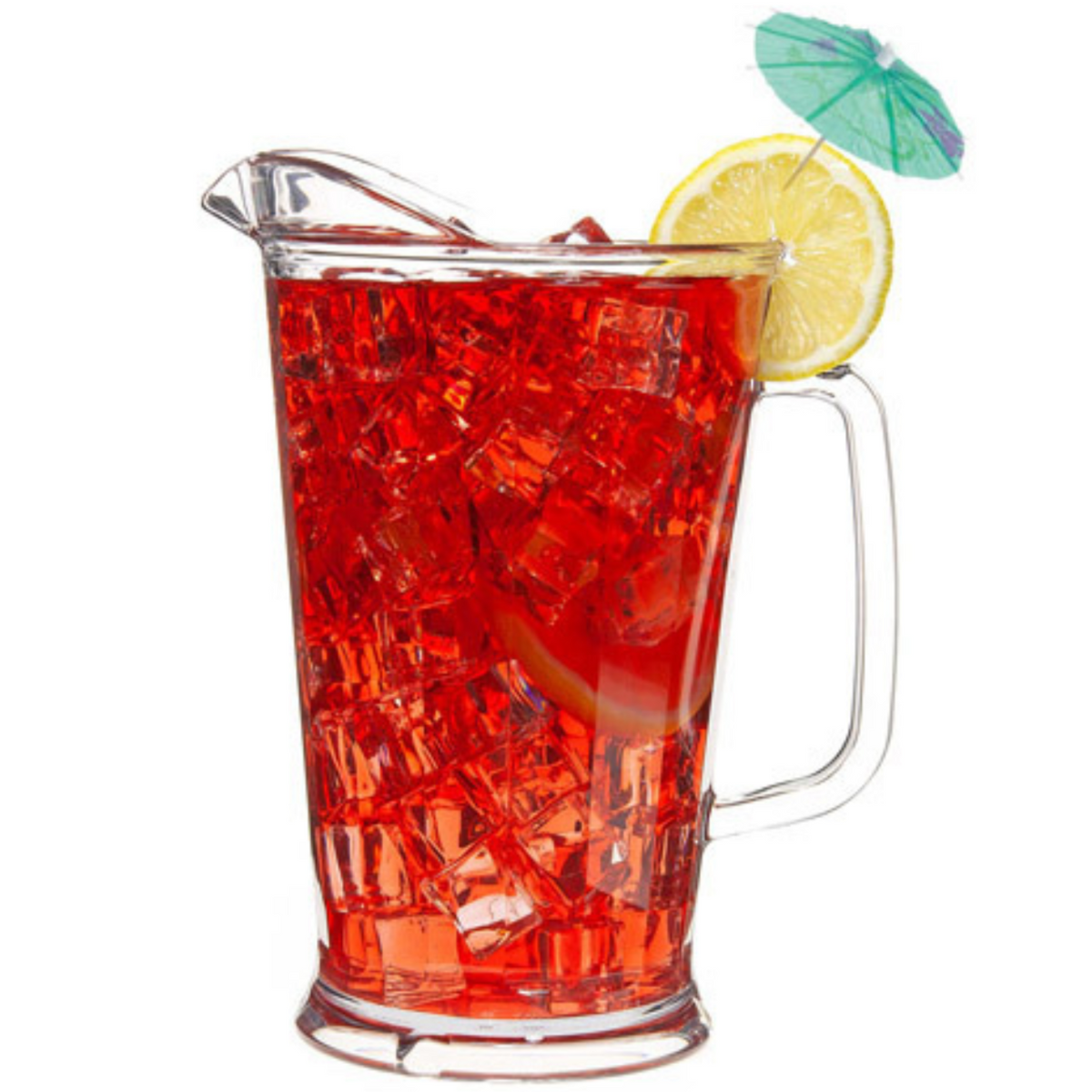 Pitcher of red iced tea with a lemon slice and umbrella on a white background