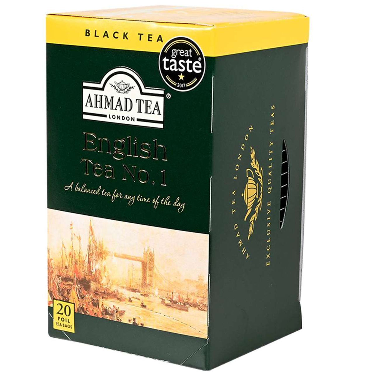 Ahmad Tea packaging with a scenic image of London Bridge on a white background