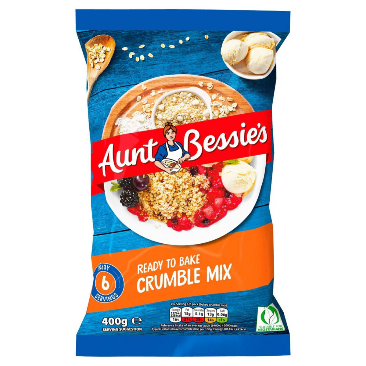 Aunt Bessie's crumble mix packaging on a white background