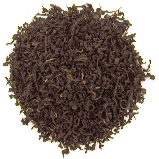 A close-up image of loose leaf black tea.