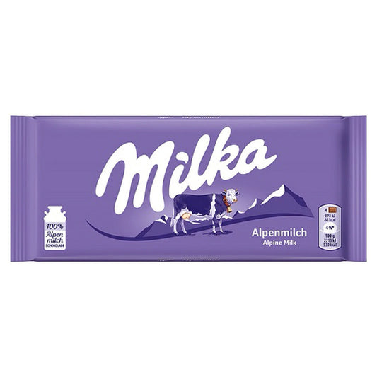Milka chocolate bar packaging with a purple background
