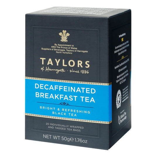 Box of Taylors decaffeinated breakfast tea on a white background