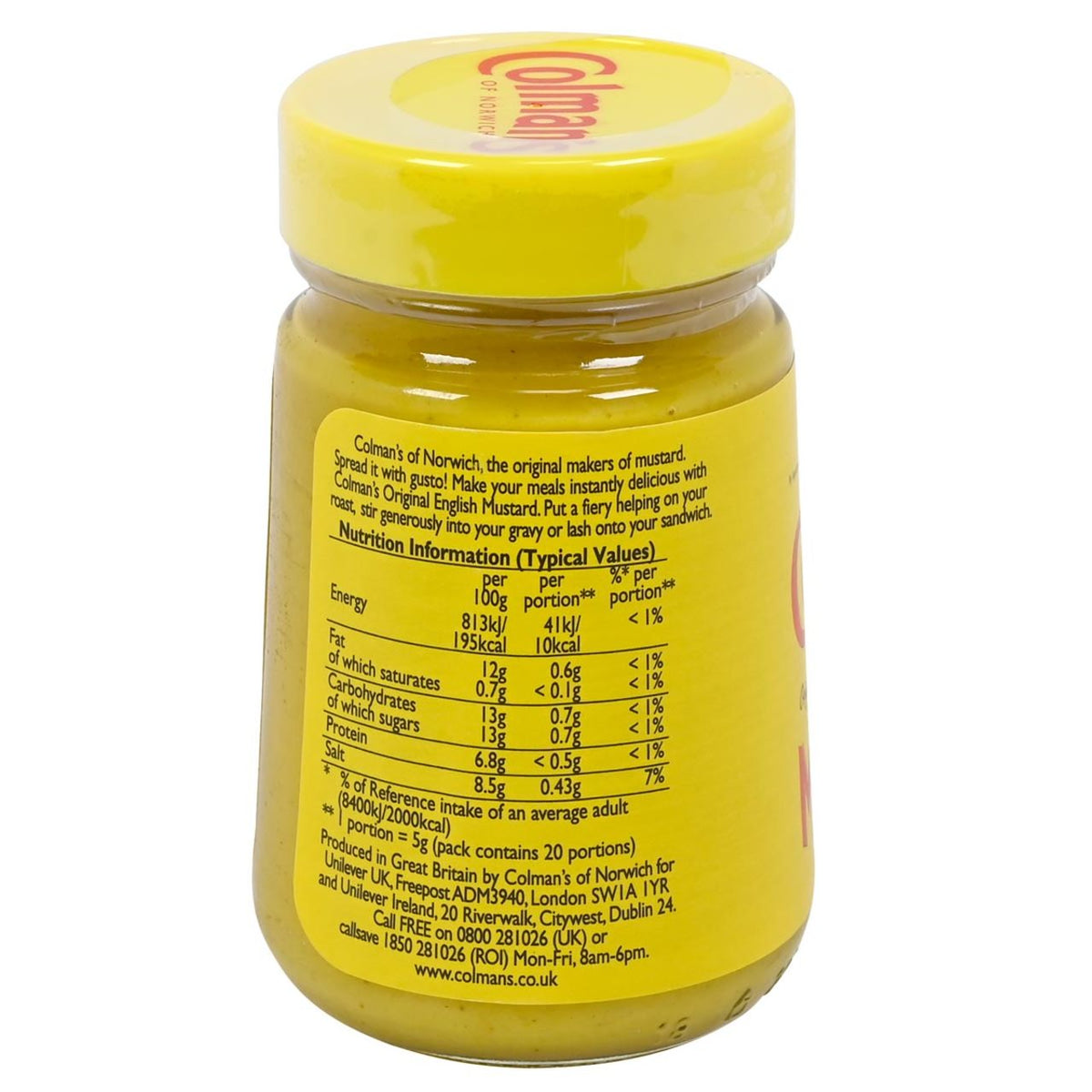 Back side of a jar of Colman's Mustard with yellow lid featuring nutrition information.