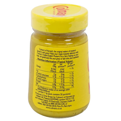 Back side of a jar of Colman's Mustard with yellow lid featuring nutrition information.