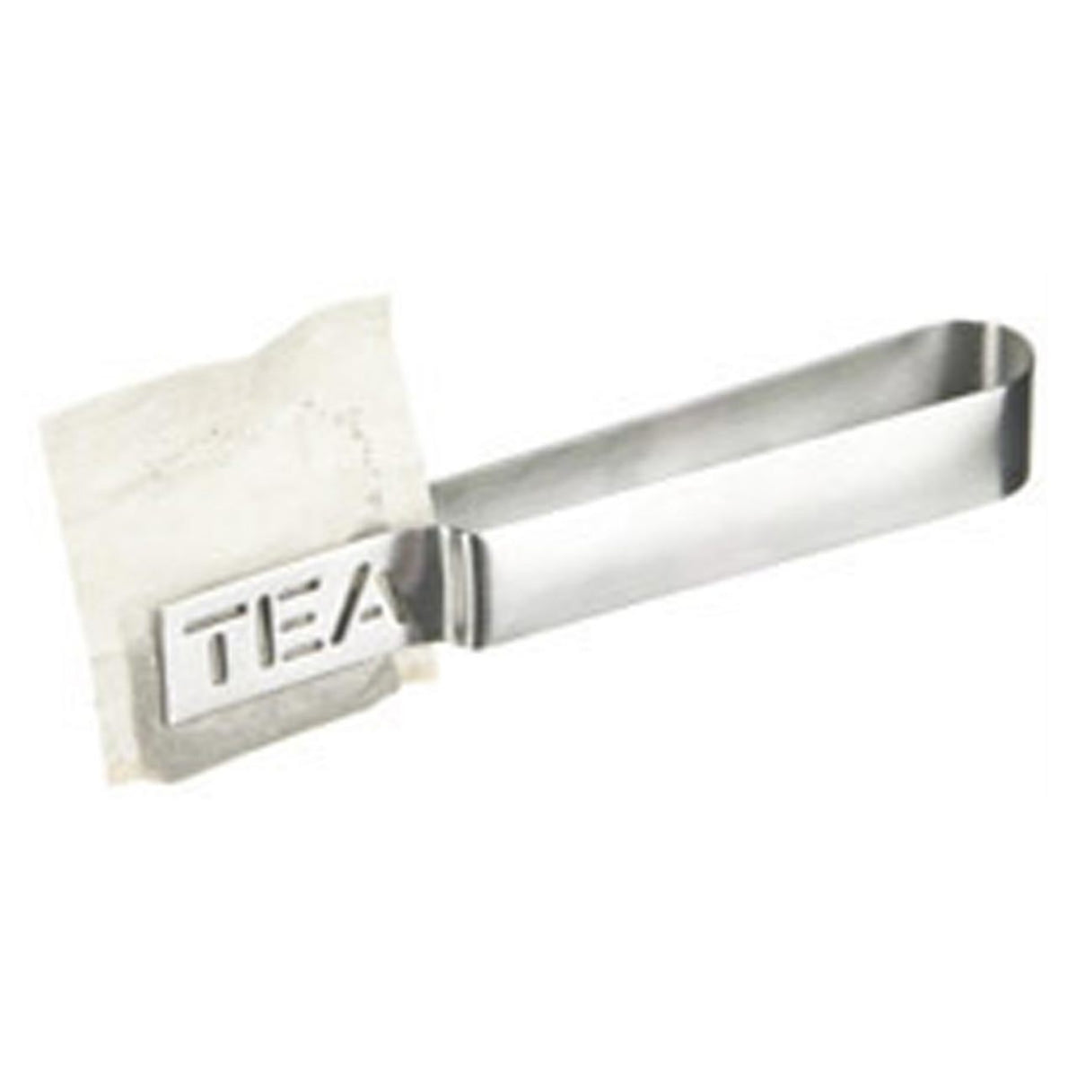 Metallic tea bag holder with 'TEA' text on a white background