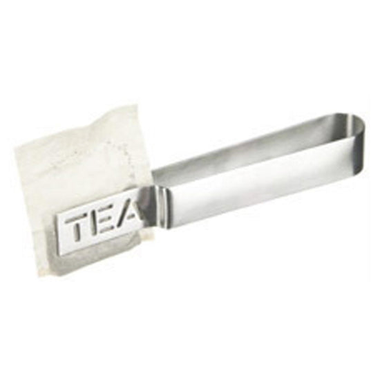 Metallic tea bag holder with 'TEA' text on a white background