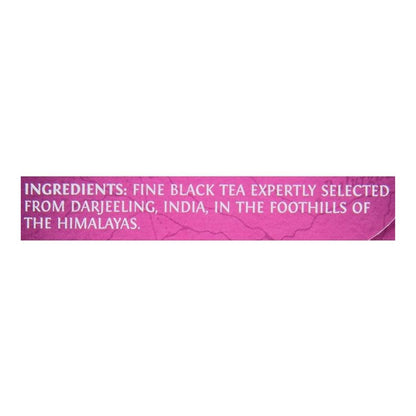 Text on a pink background indicating the origin of fine black tea from Darjeeling, India.