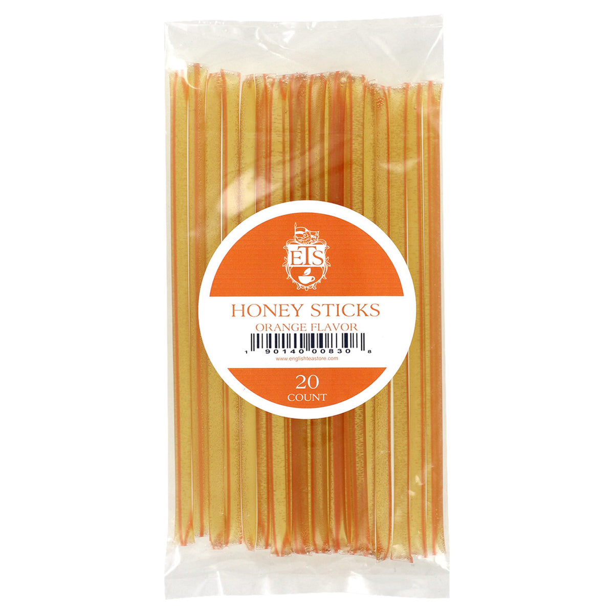 Pack of orange flavor honey sticks with a visible brand label on a white background