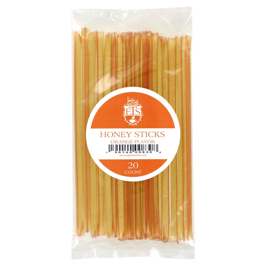 Pack of orange flavor honey sticks with a visible brand label on a white background
