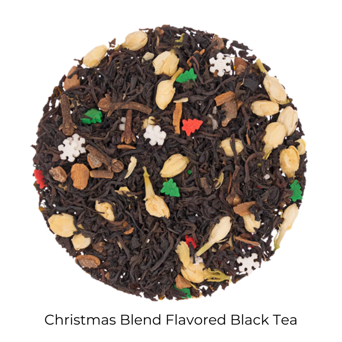 Christmas Blend Flavored Black loose-leaf tea on a white background with product name caption