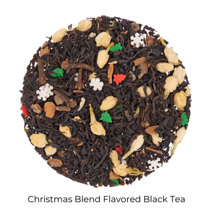Christmas Blend Flavored Black loose-leaf tea on a white background with product name caption