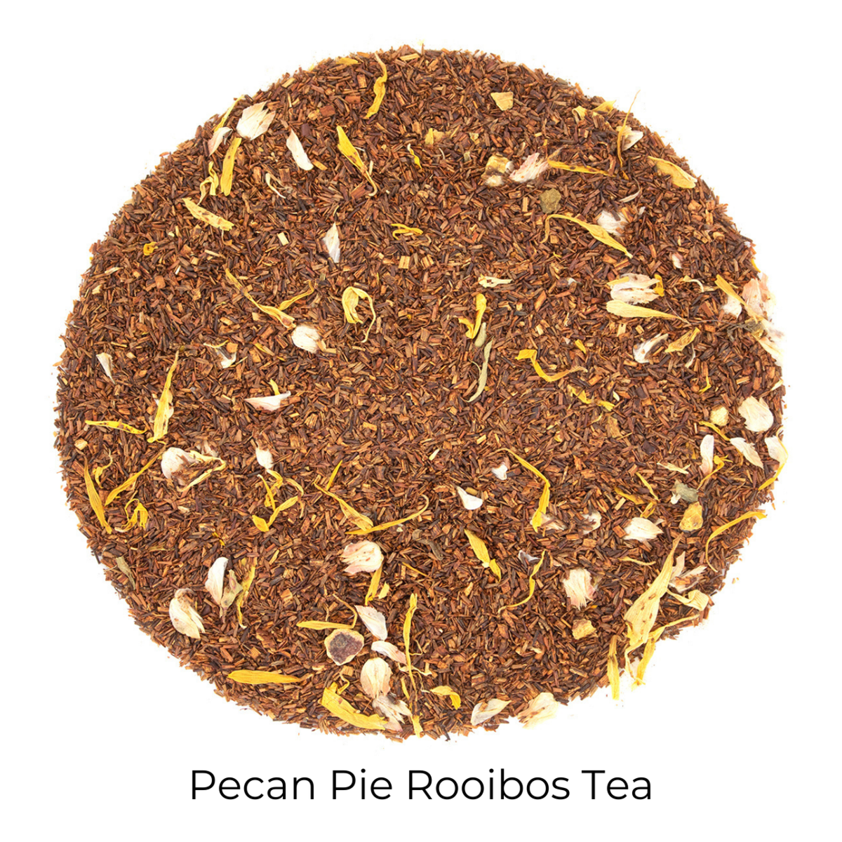 Pecan Pie Rooibos loose-leaf tea on a white background with product title text callout at bottom