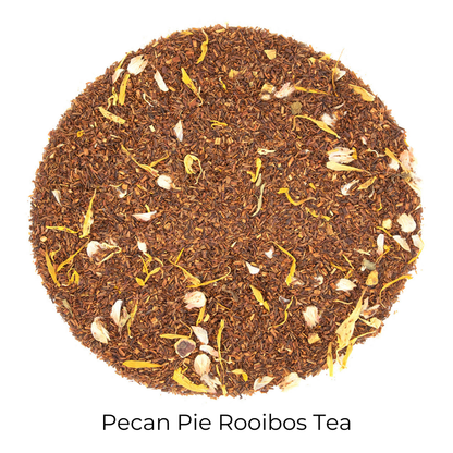 Pecan Pie Rooibos loose-leaf tea on a white background with product title text callout at bottom