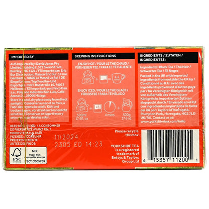 Back of a Yorkshire Tea package with text, barcodes, and FSC logo on an orange background.