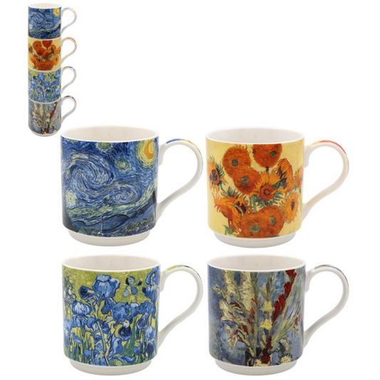Set of four Van Gogh-themed mugs on in two rows of two in the bottom center of the image and then all stacked in the upper left corner all on a white background