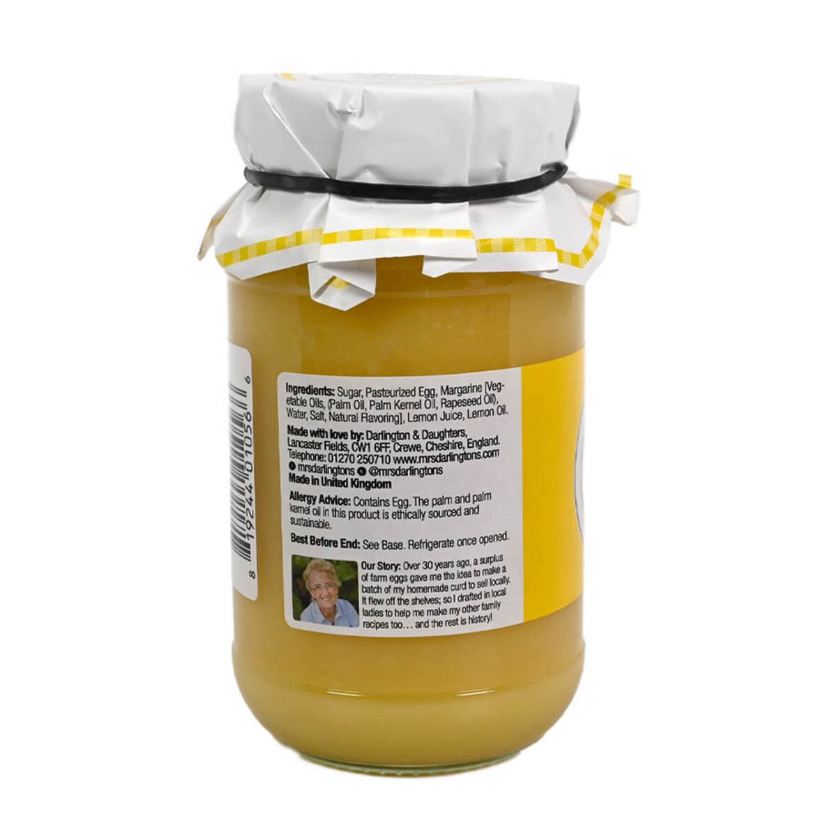 Back view of a jar of Mrs Darlington's Legendary Lemon Curd showing the ingredients label.