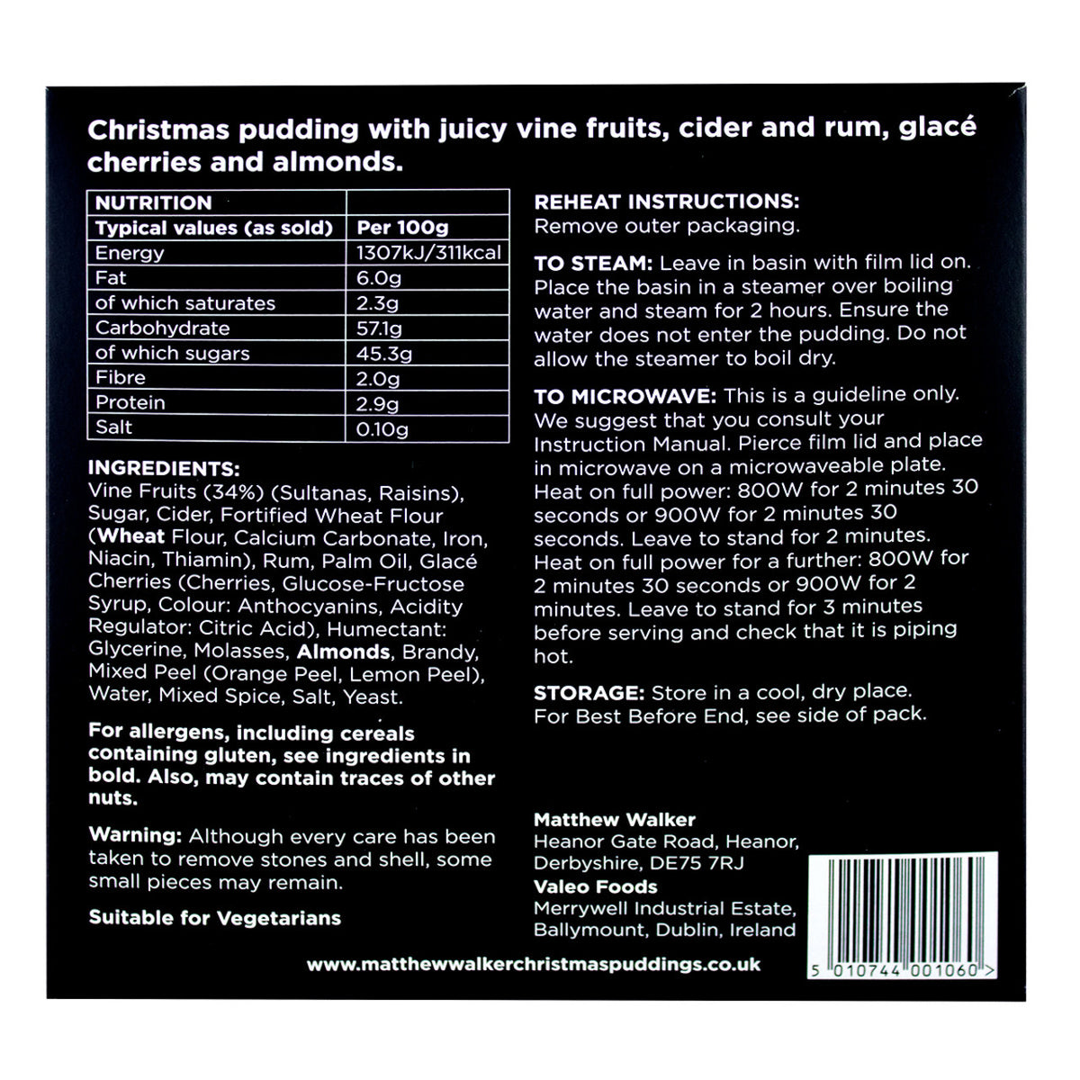 Back side of a box of Luxury Christmas Pudding with nutrition facts, ingredients, and reheat instructions.