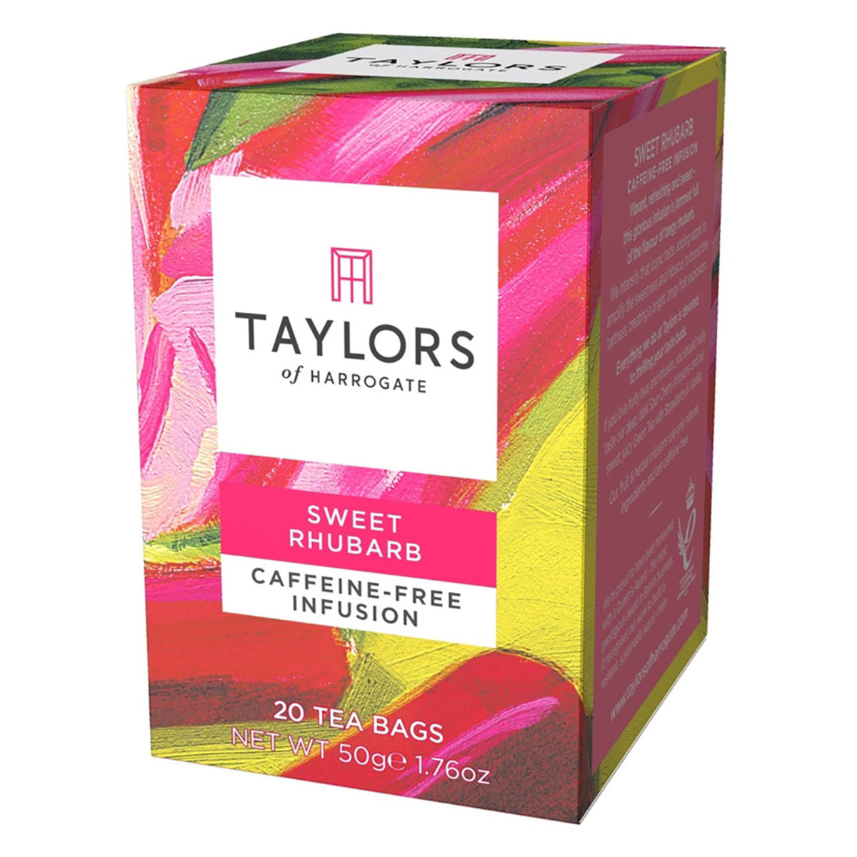 Box of Taylors of Harrogate Sweet Rhubarb tea with colorful design