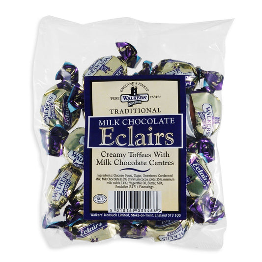 Packaged Walkers Milk Chocolate Eclairs with a visible label on a white background