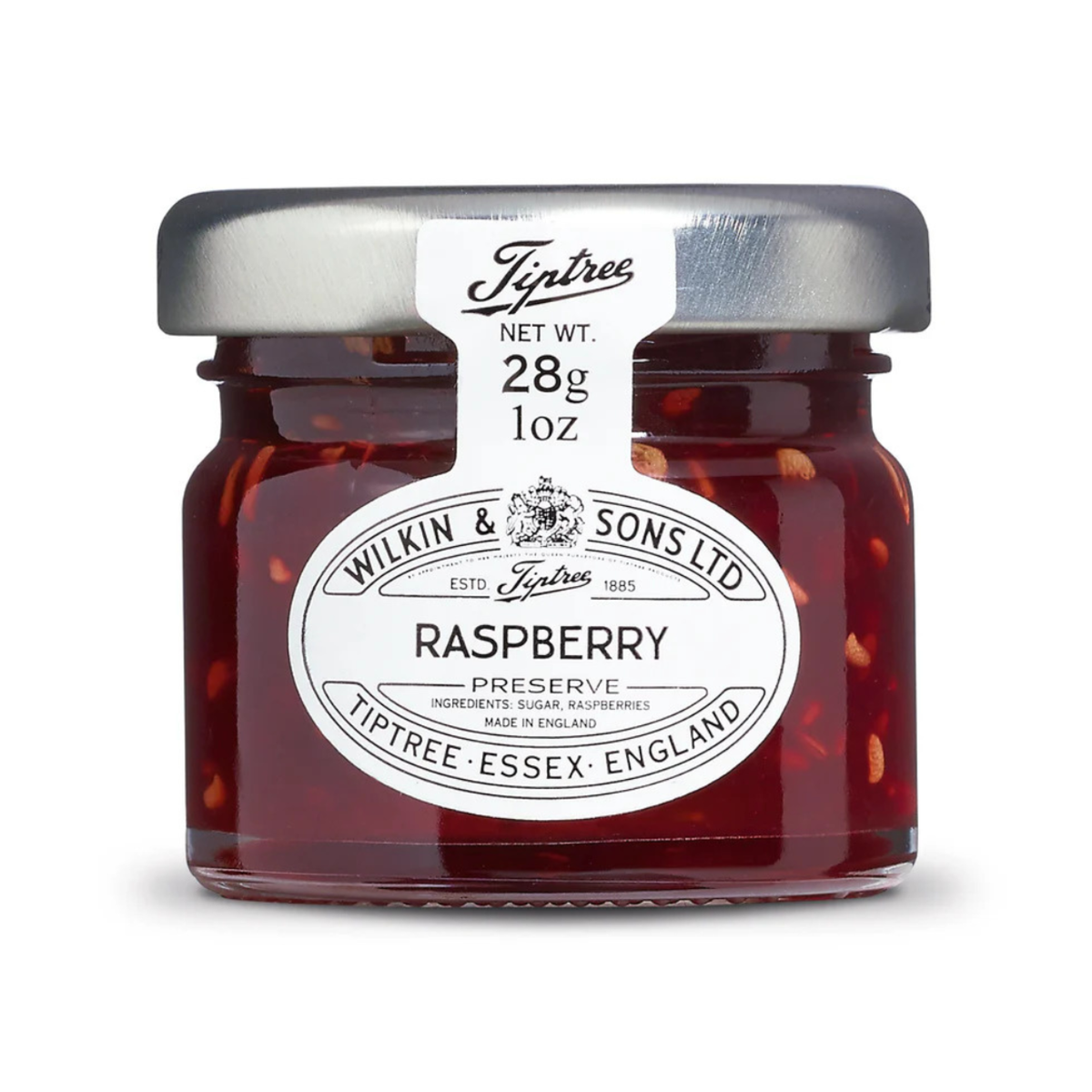 Small jar of raspberry preserve with a white label on a white background