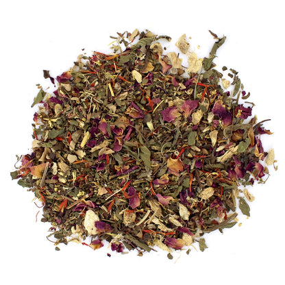 A mixture of dried herbs and flower petals, likely to be used as loose leaf tea.