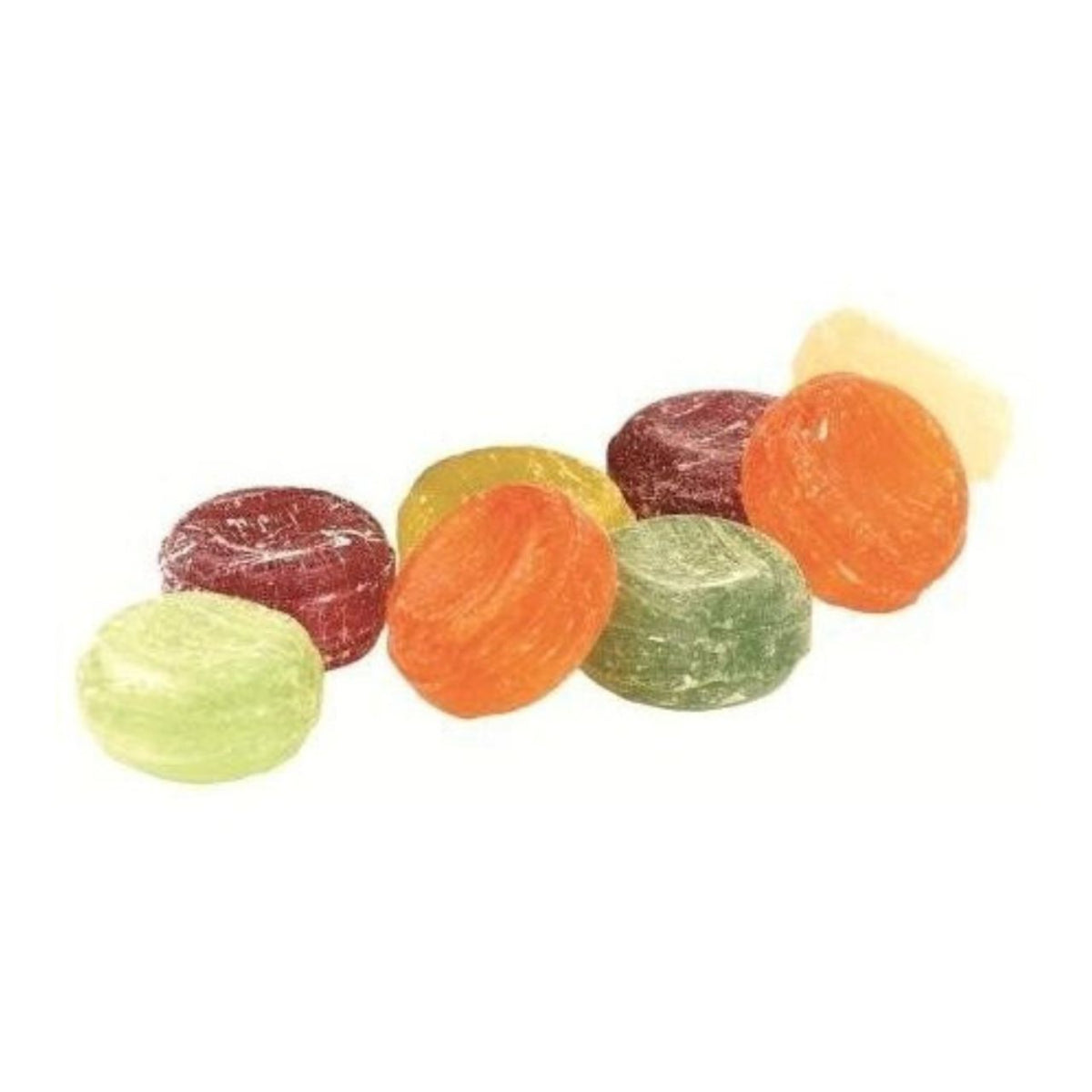 Assorted colorful sugar dusted Simpkin's Travel Sweets fruit hard candy pieces on a white background