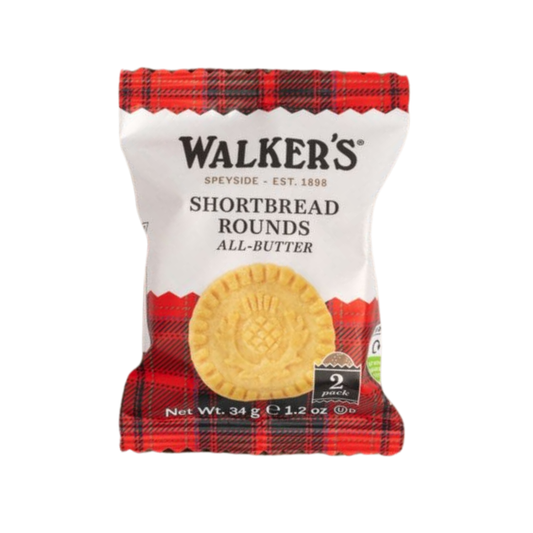 Pack of Walker's Shortbread Rounds with red and black plaid design on a white background