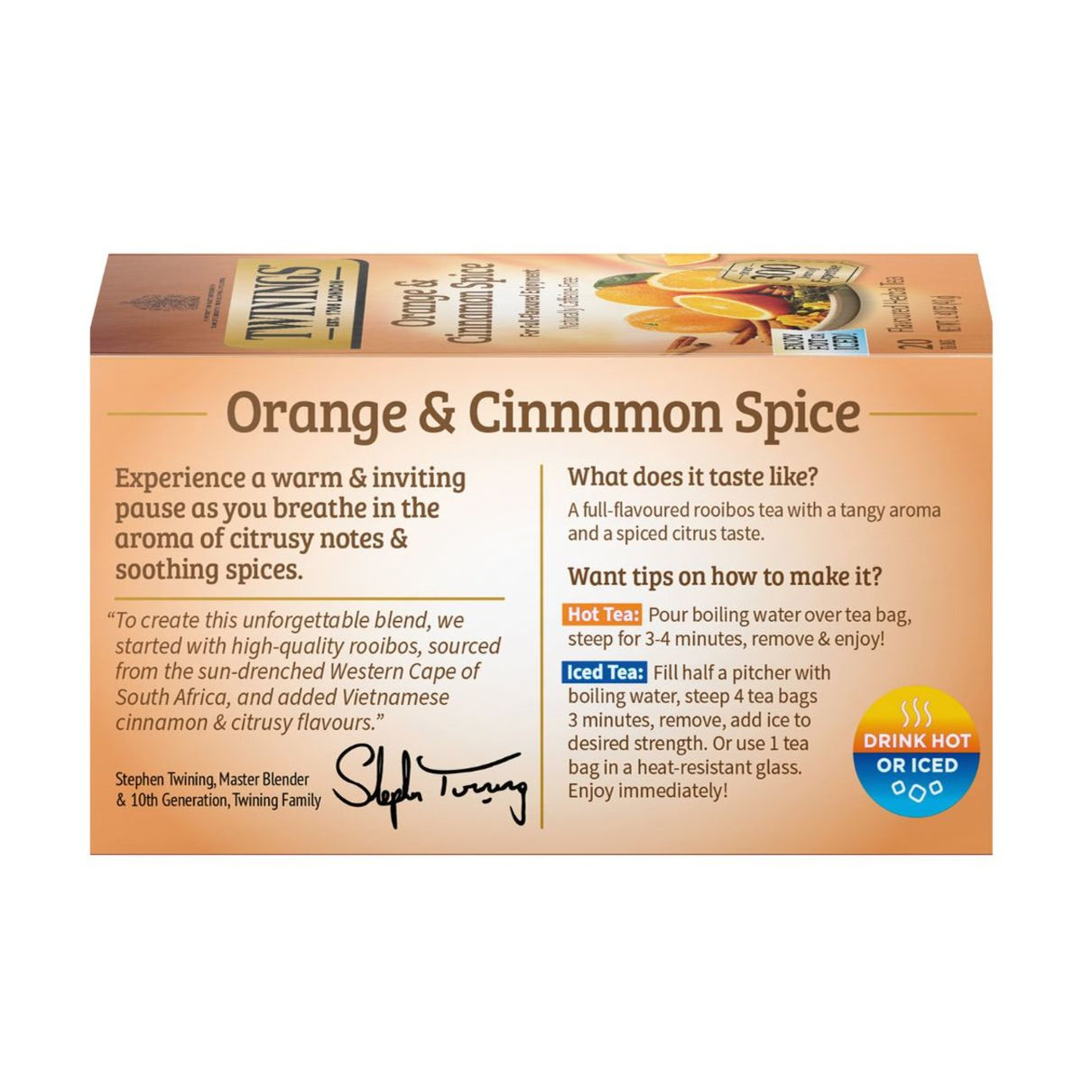 Tea box packaging for 'Orange & Cinnamon Spice' with branding and brewing instructions.