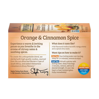 Tea box packaging for 'Orange & Cinnamon Spice' with branding and brewing instructions.